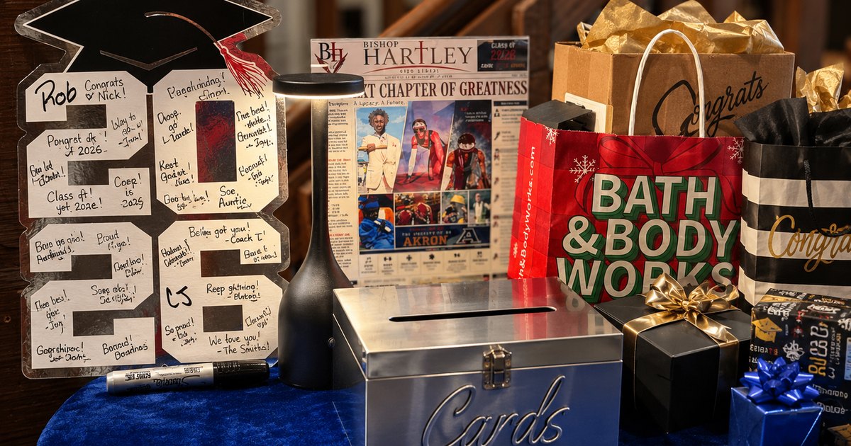 Custom graduation signing board, cards, and coordinated display by Good Time Mascots
