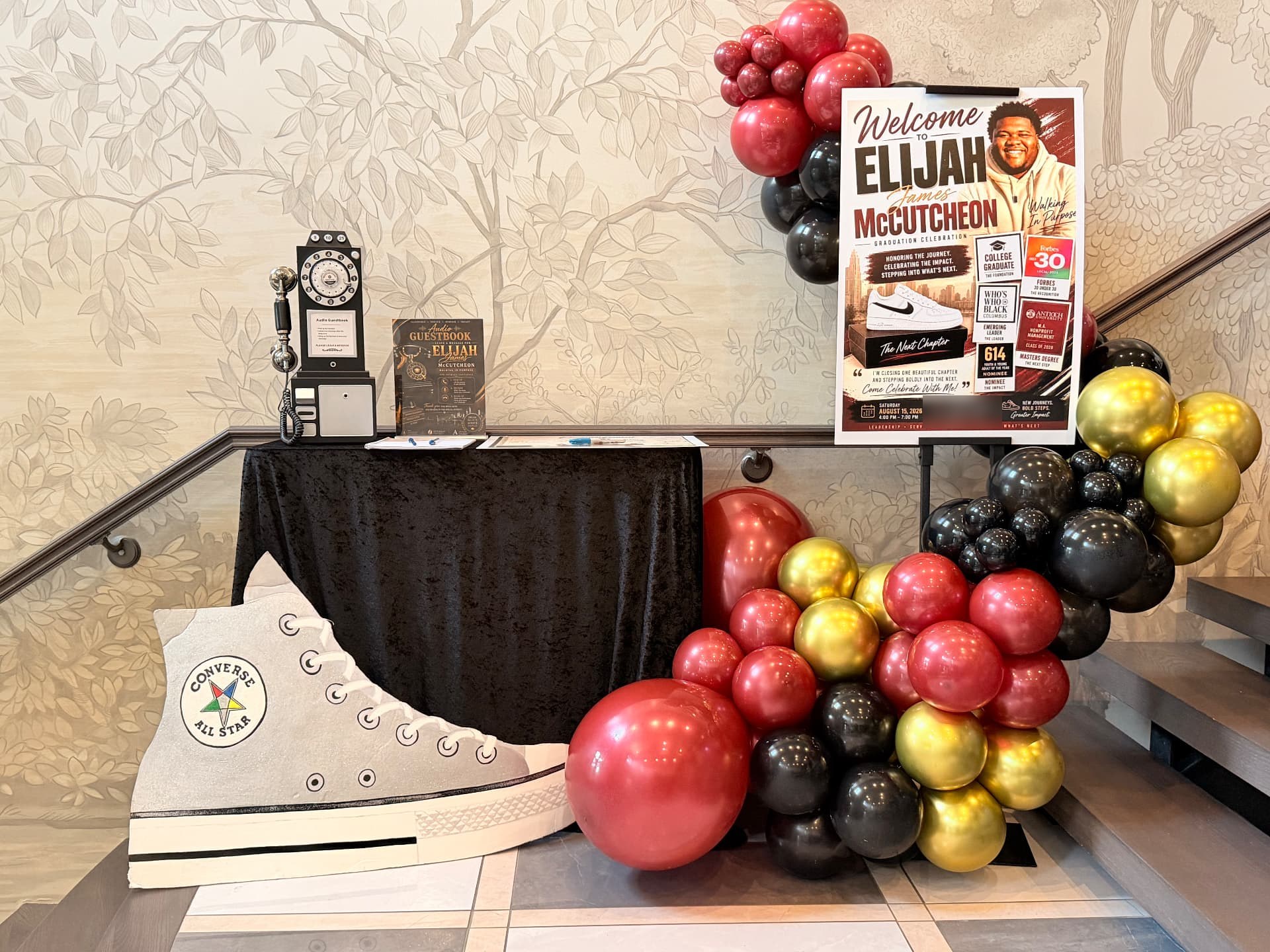 Graduation welcome sign, audio guestbook and red, black and gold balloon garland — Graduations by Good Time Mascots in Columbus, Ohio