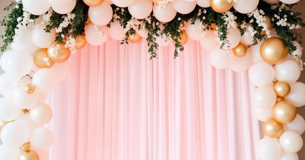 Ivory floral draping and a gold wedding backdrop designed by Good Time Mascots
