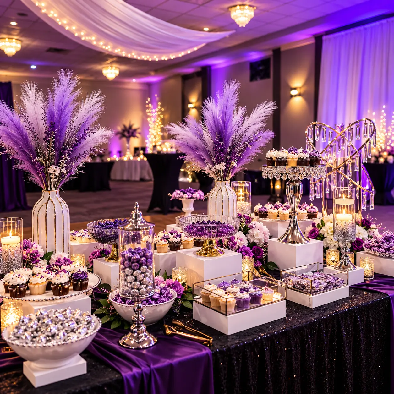 Purple and silver dessert display beneath a fairy-lit draped ceiling — Corporate & Brand Experiences by Good Time Mascots in Columbus, Ohio