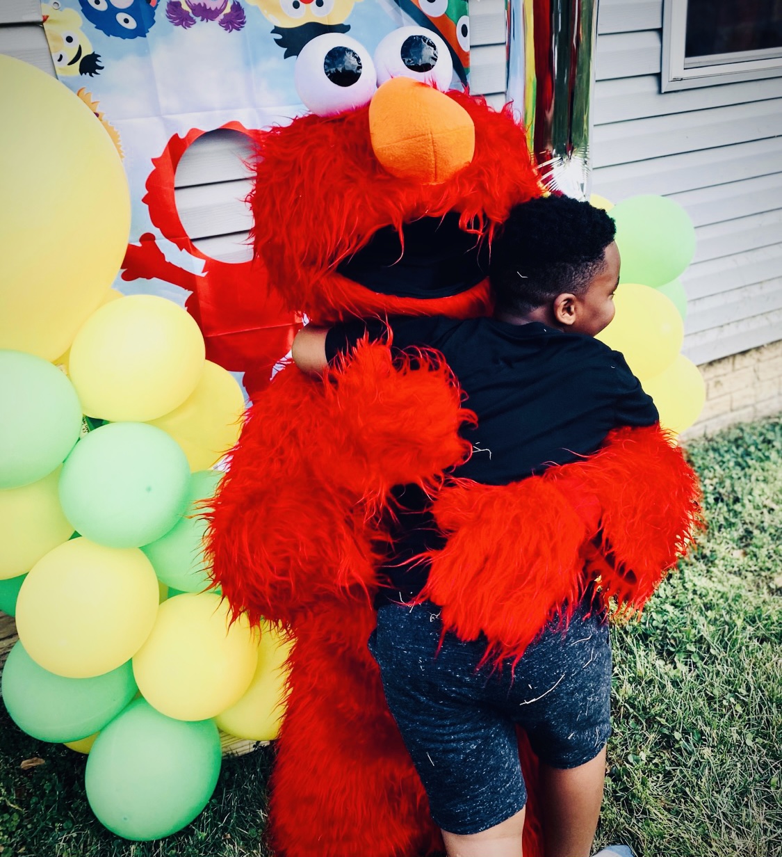 Character hug at a backyard birthday with balloon garland — Guest Experience Enhancements by Good Time Mascots in Columbus, Ohio
