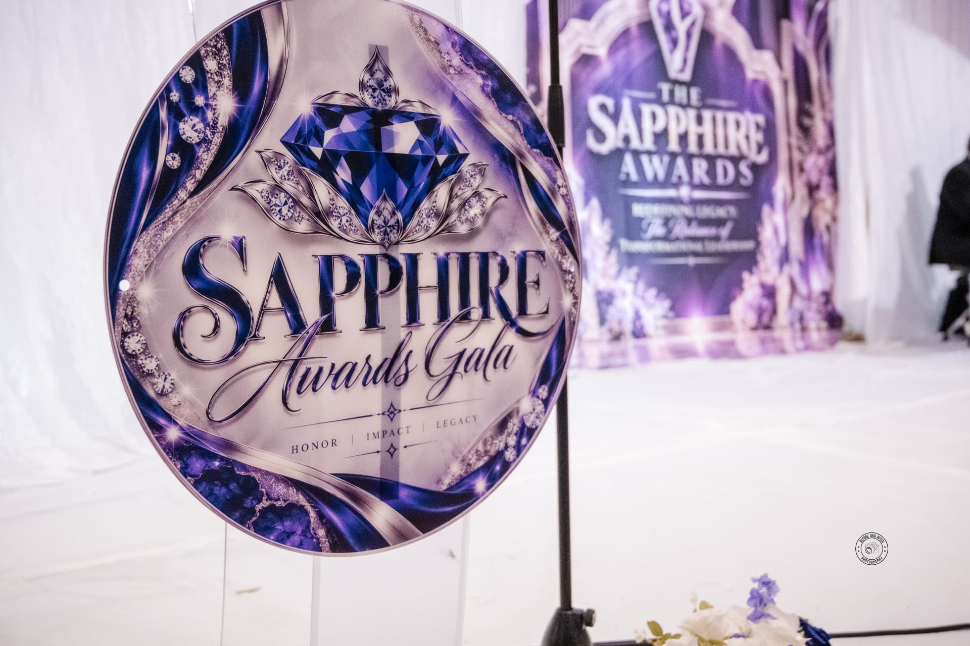 Sapphire Awards Gala signage before the branded stage — Corporate & Brand Experiences by Good Time Mascots in Columbus, Ohio