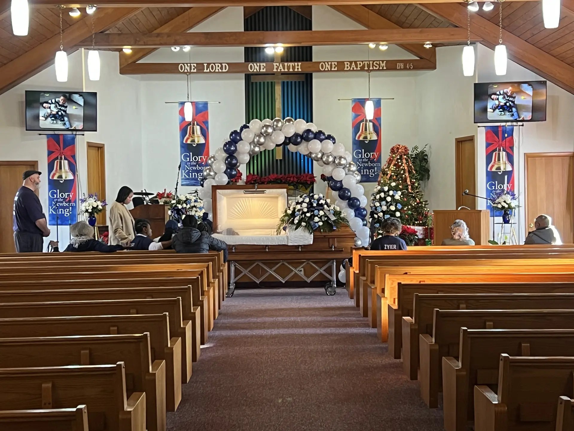 Navy, white and silver balloon arch for a chapel homegoing service — Celebration of Life & Memorials by Good Time Mascots in Columbus, Ohio