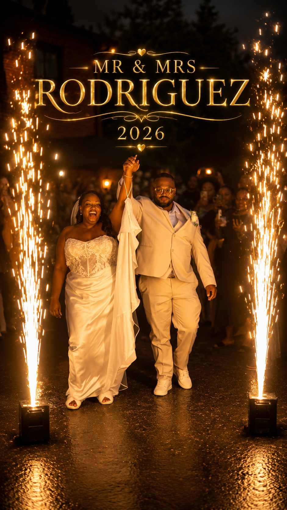 Newlyweds walking out beneath a custom monogram and sparks — Weddings by Good Time Mascots in Columbus, Ohio