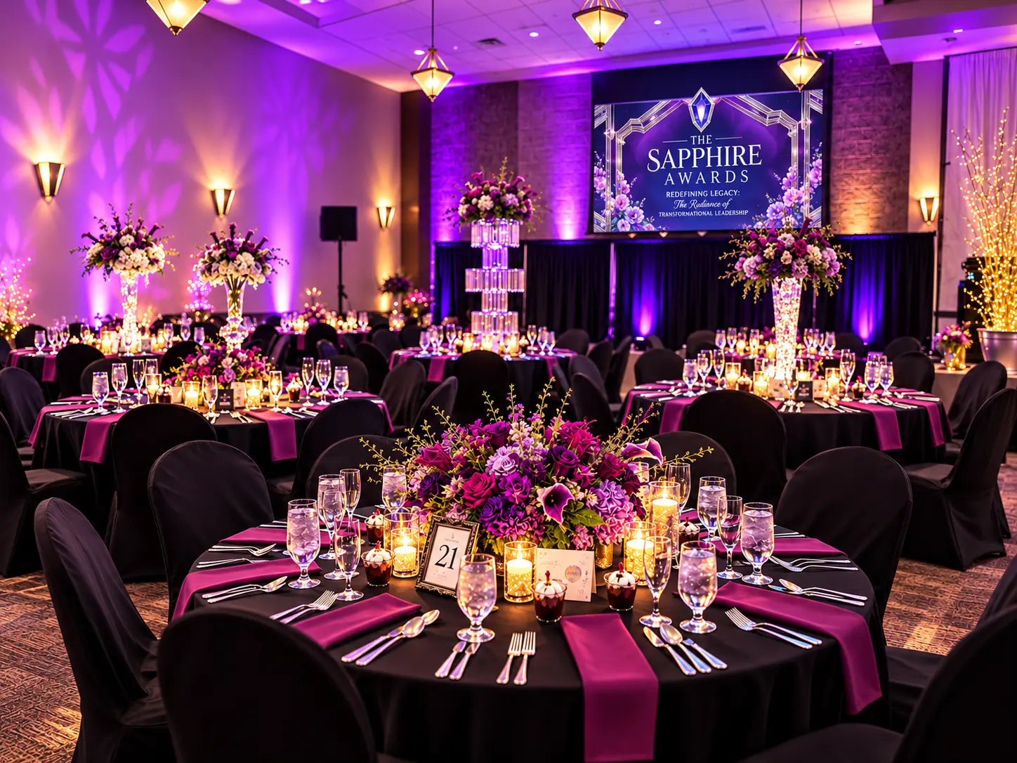 Ballroom view of the Sapphire Awards Gala with purple uplighting and branded stage — Corporate & Brand Experiences by Good Time Mascots in Columbus, Ohio