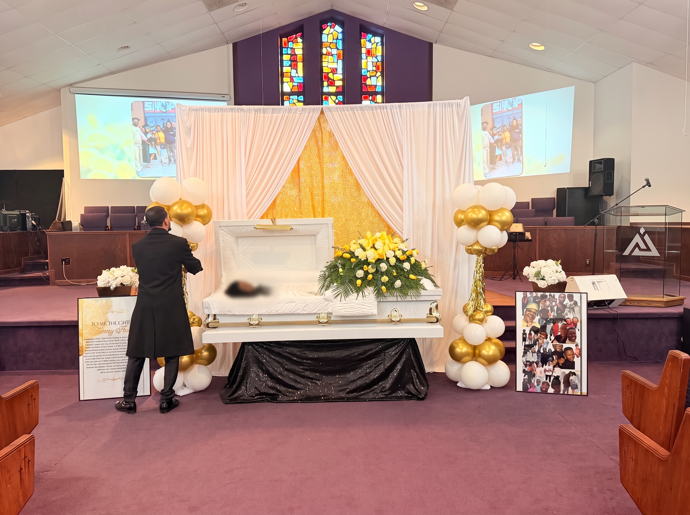 White and gold homegoing stage with sequin backdrop, balloon clusters and tribute poster — Celebration of Life & Memorials by Good Time Mascots in Columbus, Ohio