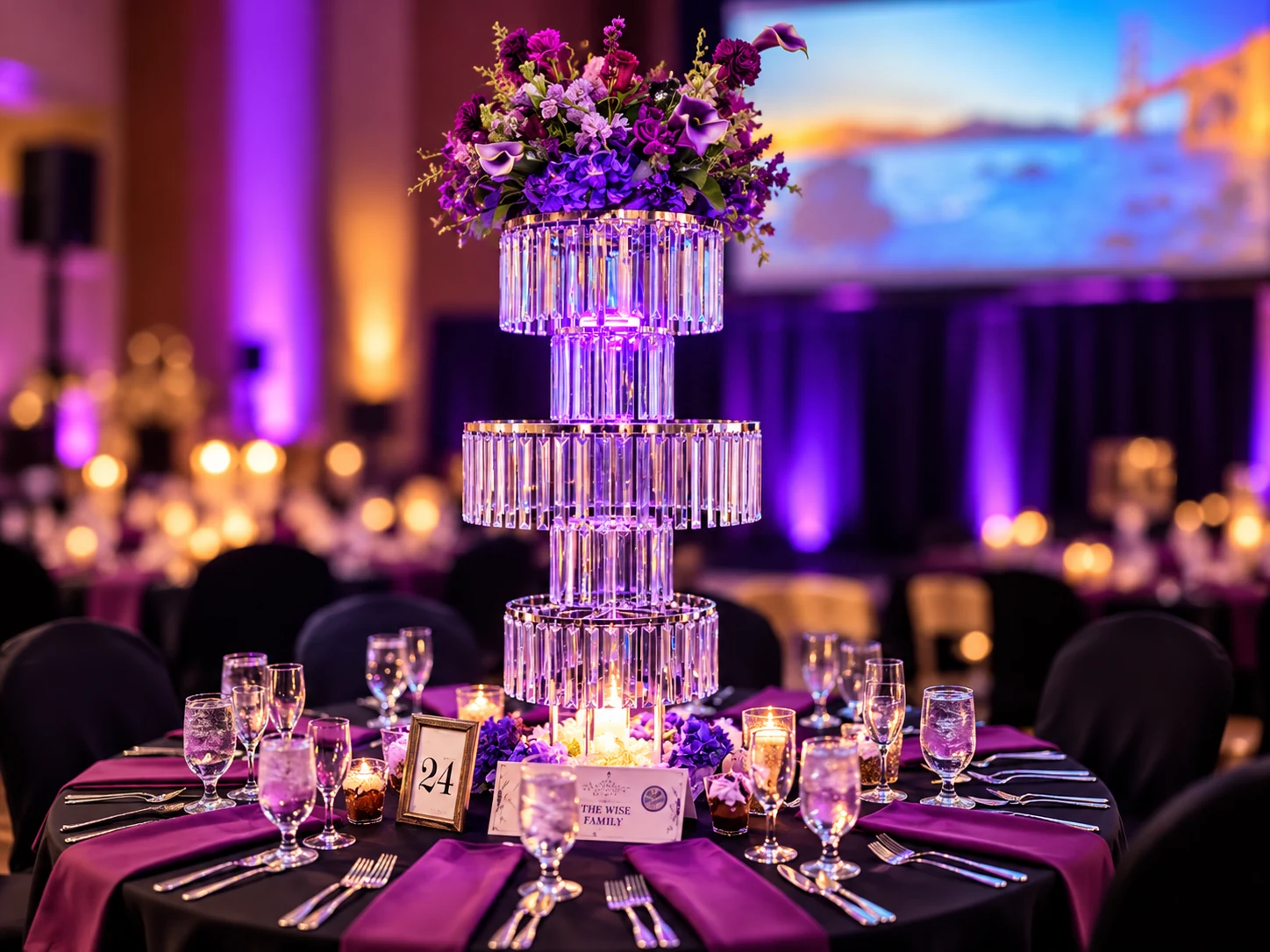 Illuminated crystal chandelier centerpiece crowned with purple florals at the Sapphire Awards Gala — Corporate & Brand Experiences by Good Time Mascots in Columbus, Ohio