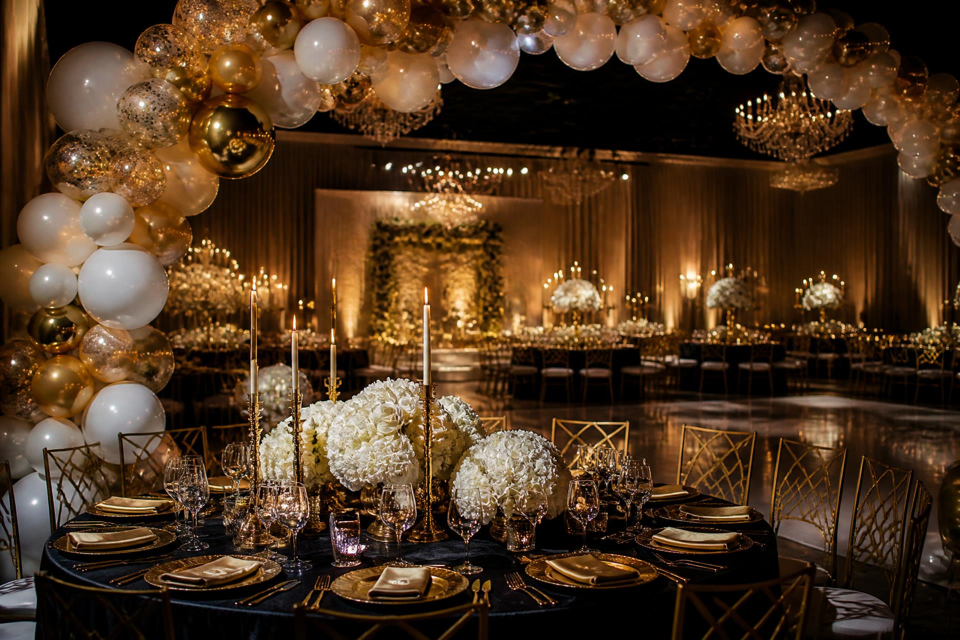 Luxury event reception with gold balloon garland and candlelit tables